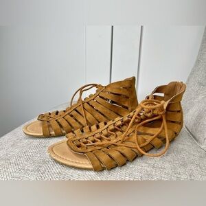 ANNA Sweden Leather Strappy Tie Sandals Tab Brown Boho Beach Size 7.5